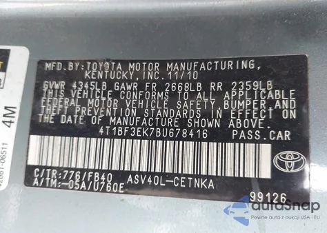 2011 Toyota Camry Le from USA, damaged, VIN 4T1BF3EK7BU678416